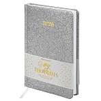 Ежедневник датированный 2026, А5, 138×213 мм, BRAUBERG «Sparkle», под кожу, блестки, серебристый