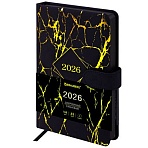 Ежедневник датированный 2026 А5 138×213 мм, BRAUBERG «Goldy», под кожу, цветной срез, черный