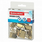 Зажимы для бумаг BRAUBERG EXTRA, КОМПЛЕКТ 12 шт, 19 мм, на 60 л, золотистые, европодвес