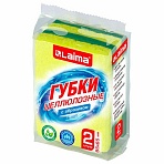 Губки для посуды 95×65×20 мм, ЦЕЛЛЮЛОЗНЫЕ + АБРАЗИВ, КОМПЛЕКТ 2 штуки, желтые/зеленый абразив, LAIMA