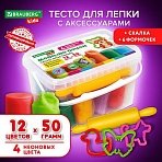 Пластилин-тесто для лепки BRAUBERG KIDS, 12 цветов., 600 г, 6 формочек, 1 скалка, ведерко