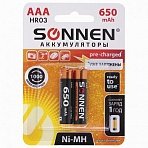 Батарейки аккумуляторные SONNEN, ААА (HR03), Ni-Mh, 650 mAh, 2 шт., в блистере, 454236