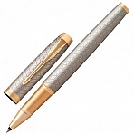 Ручка-роллер PARKER "IM Premium Warm Silver GT, корпус серебристый матовый с гравировкой, позолоченные детали, черная