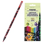 Карандаши цветные FUNSTER (ФАНСТЕР) МОНСТРИКИ, 12 цветов, черный корпус с принтом, трехгранные