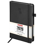 Ежедневник датированный 2026, А5, 138×213 мм, BRAUBERG «Plain», под кожу, резинка, держатель для ручки, черный
