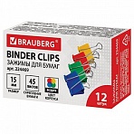 Зажимы для бумаг BRAUBERG, комплект 12 шт., 15 мм, на 45 л., цветные, в картонной коробке