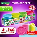 Пластилин-тесто для лепки BRAUBERG KIDS, 4 цвета, 560 г, яркие неоновые цвета, крышки-штампики