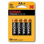 Батарейки алкалиновые «пальчиковые» КОМПЛЕКТ 4 шт., KODAK Xtralife Alkaline, АА (LR6, 24А), блистер
