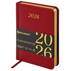 Ежедневник датированный 2026, МАЛЫЙ ФОРМАТ 100×150 мм, А6, BRAUBERG «Iguana», под кожу, красный