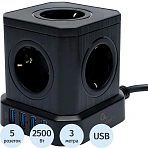 Сетевой фильтр Cablexpert Tower 5р/3м, 10А, 4хUSB, черный(TWR-5-U4-B-3)