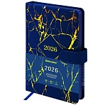 Ежедневник датированный 2026 А5 138×213 мм, BRAUBERG «Goldy», под кожу, цветной срез, синий