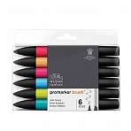 Набор маркеров-кистей худ двухсторонние Winsor&Newton «PromarkerBrush», спиртовые, скошенный/кисть 6 цветов, основные оттенки