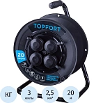 Удлинитель Topfort пласт. КГ 3×2.5 кв. мм 20м 16А 4 гнезда с/з., с/загл., IP44