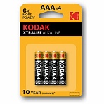 Батарейки алкалиновые «мизинчиковые» КОМПЛЕКТ 4 шт., KODAK Xtralife Alkaline, ААА (LR03.15А), блистер