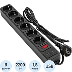 Сетевой фильтр ExeGate SP-6-USB-1.8B 6р/1.8м, 2 USB, черный(EX295492RUS)