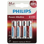 Батарейки алкалиновые «пальчиковые» КОМПЛЕКТ 4 шт., PHILIPS Power Alkaline, АА (LR6, 24А), блистер