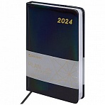 Ежедневник датированный 2024 А5 138×213 мм, BRAUBERG «Holiday», под кожу, «зеркальный», черный