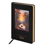 Ежедневник датированный 2026 А5 138×213 мм, BRAUBERG «ArtGallery», под кожу, нашивка, черный