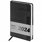 Ежедневник датированный 2024 А5 138×213мм BRAUBERG Pocket, под кожу, карм, держатель для ручки, черный