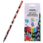Карандаши цветные FUNSTER (ФАНСТЕР) AMONG CATS, 12 цветов, черный корпус с принтом, трехгранные