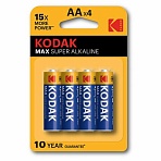 Батарейки алкалиновые «пальчиковые» КОМПЛЕКТ 4 шт., KODAK Max Super Alkaline, АА (LR6, 24А), блистер