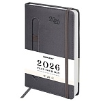 Ежедневник датированный 2026, А5, 138×213 мм, BRAUBERG «Optimal», под кожу, резинка, держатель для ручки, серый