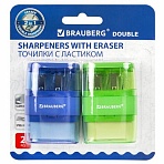 Точилки с ластиком 2 в 1 BRAUBERG «Double», НАБОР 2 ШТУКИ, 2 отверстия, синяя и зеленая, блистер