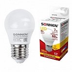 Лампа светодиодная SONNEN, 7 (60) Вт, цоколь E27, шар, теплый белый свет, LED G45-7W-2700-E27