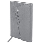 Ежедневник датированный 2026, А5, 145×213 мм, BRAUBERG «Jacket», под кожу, клапан, держатель, серый