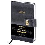 Ежедневник датированный 2026 А5 138×213 мм, BRAUBERG «Elegant», под кожу, застежка, черный