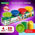 Пластилин-тесто для лепки BRAUBERG KIDS, 4 цвета, 200 г, яркие классические цвета, крышки-штампики