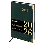 Ежедневник датированный 2026 А5 138×213мм BRAUBERG Senator, под кожу, зеленый