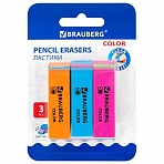 Ластики BRAUBERG «Color», НАБОР 3 штуки, 55×15х13 мм, прямоугольные, скошенные, блистер