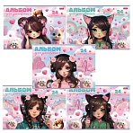 Альбом для рисования А4 24 л., скоба, обложка картон, HATBER, 205×290 мм, «Девочка-кошка», 085145