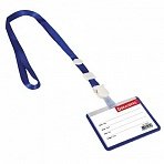 Бейдж школьника горизонтальный (55×90 мм) на ленте со съемным клипом, СИНИЙ, BRAUBERG